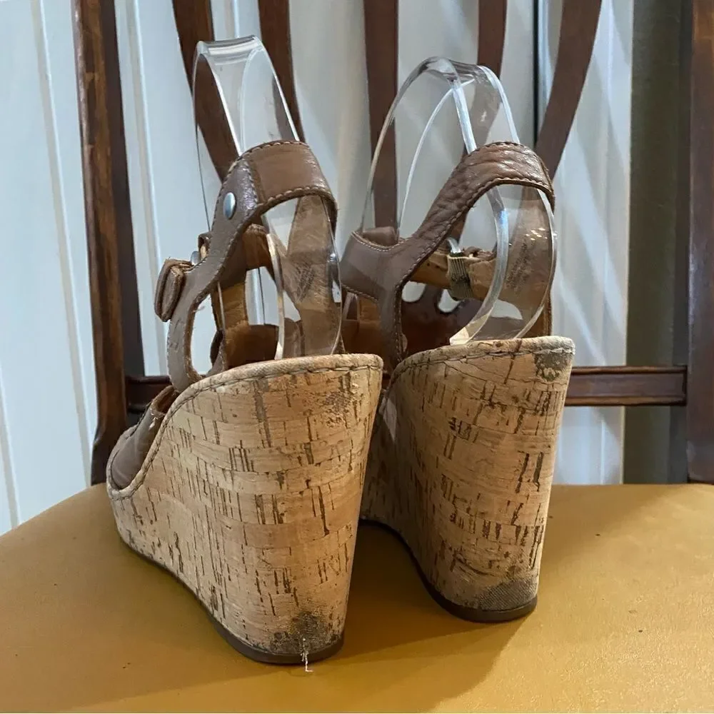 Born Shoes Brown Tan Strappy Cork Wedge Sandals